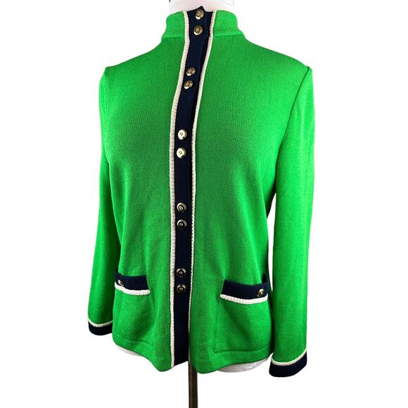 *Flawed St. John Collection Santana Knit Green Cardigan Sweater Gold Blk Size 10 - Picture 9 of 15